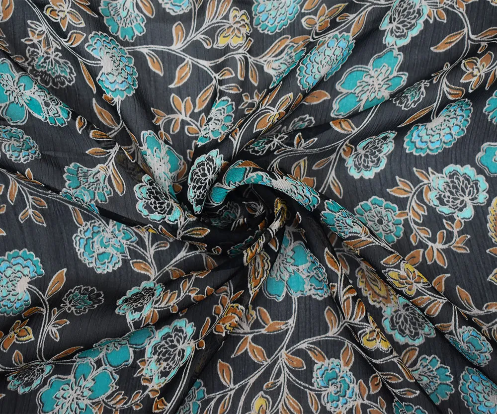 Black-Turquoise-Multi Floral Printed Poly Yoryu Chiffon Woven Fabric