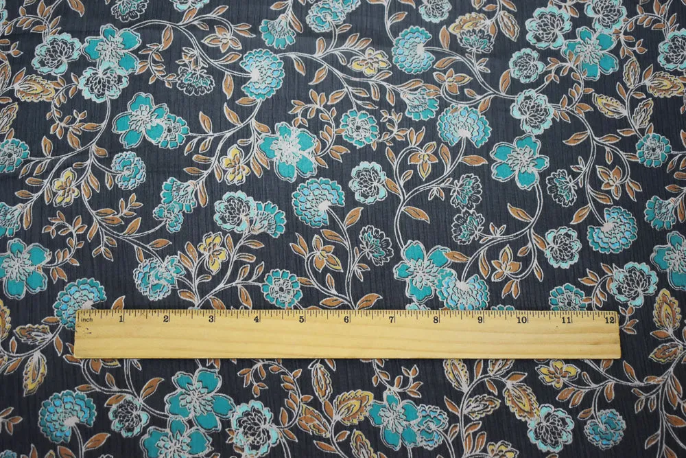 Black-Turquoise-Multi Floral Printed Poly Yoryu Chiffon Woven Fabric