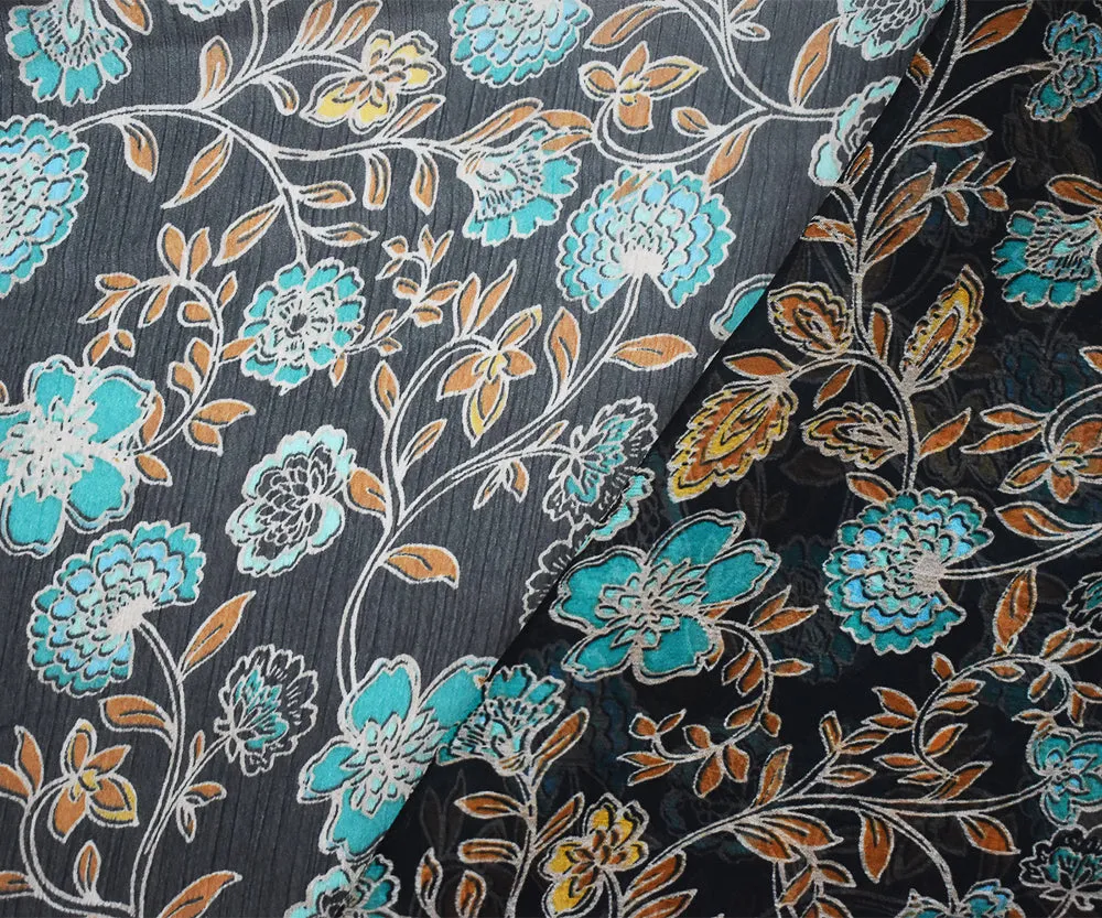 Black-Turquoise-Multi Floral Printed Poly Yoryu Chiffon Woven Fabric