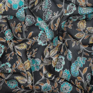 Black-Turquoise-Multi Floral Printed Poly Yoryu Chiffon Woven Fabric