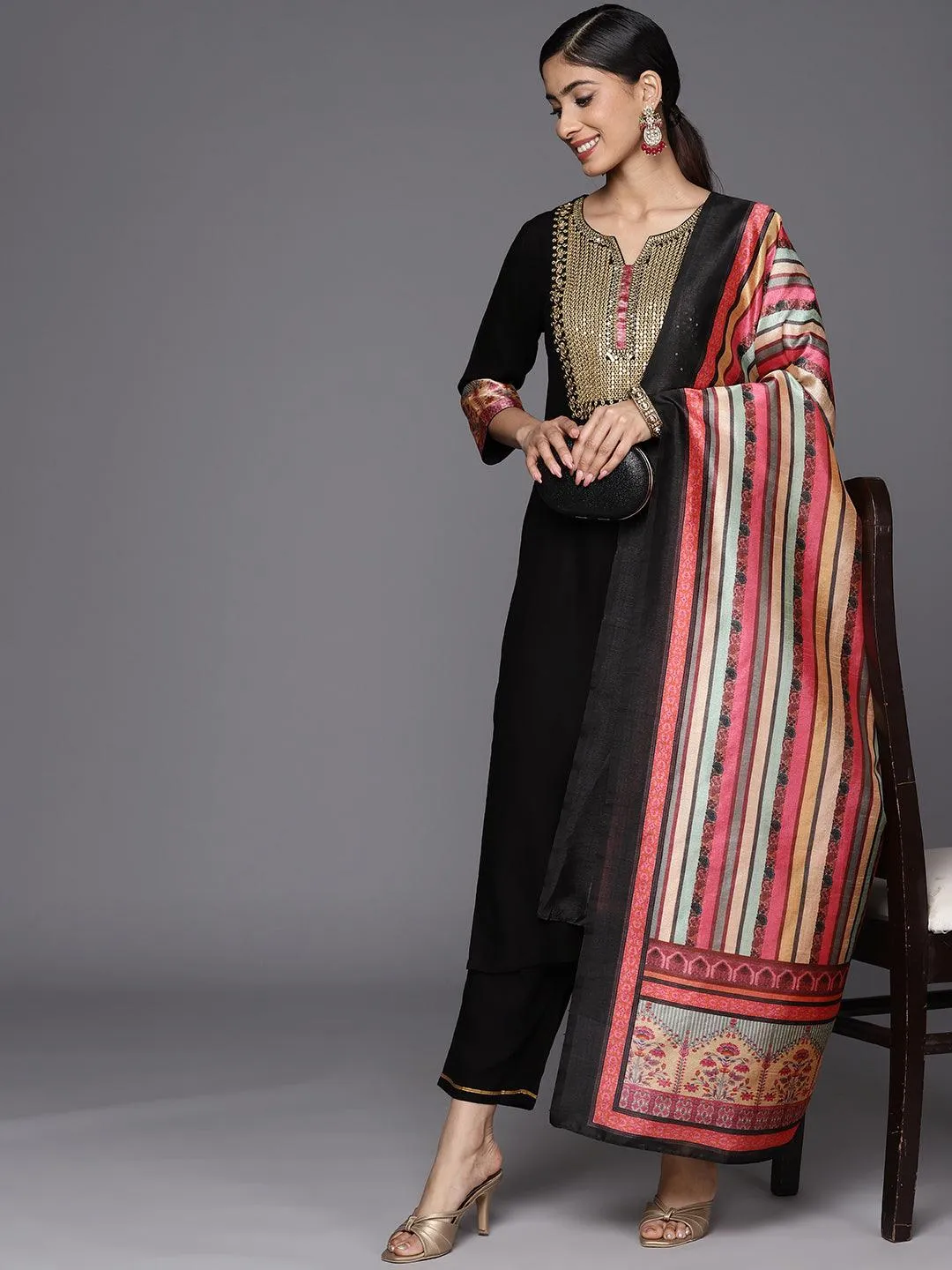 Black Yoke Design Rayon Straight Kurta With Trousers & Dupatta