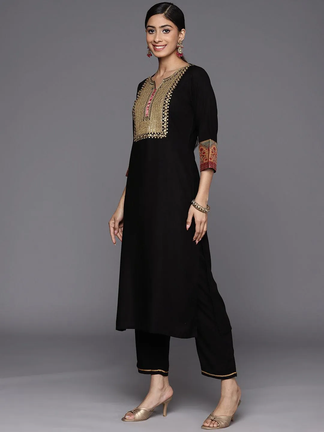 Black Yoke Design Rayon Straight Kurta With Trousers & Dupatta