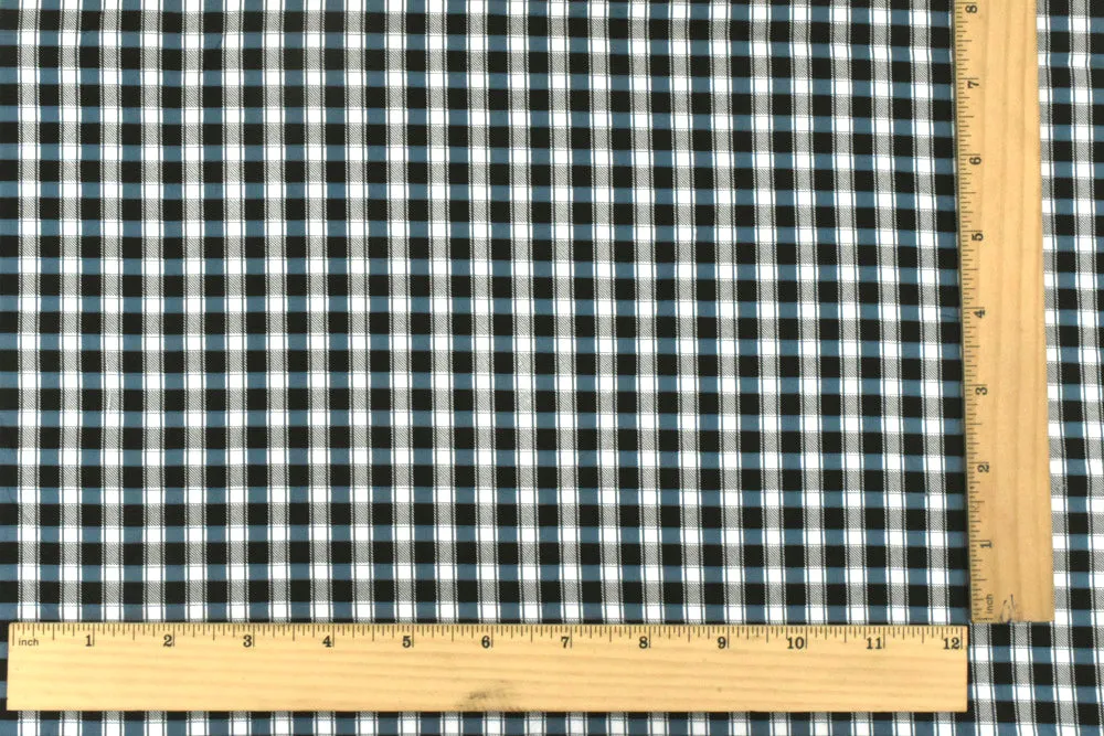 Blue-Black-Ivory Plaid Print Stretch Cotton Broadcloth Woven Fabric