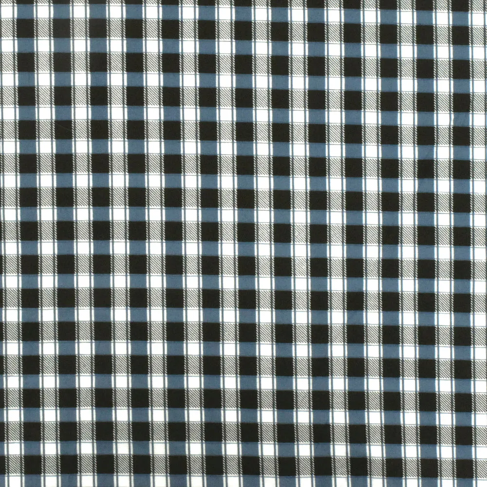 Blue-Black-Ivory Plaid Print Stretch Cotton Broadcloth Woven Fabric