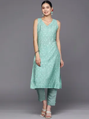 Blue Printed Silk Blend Straight Kurta With Trousers