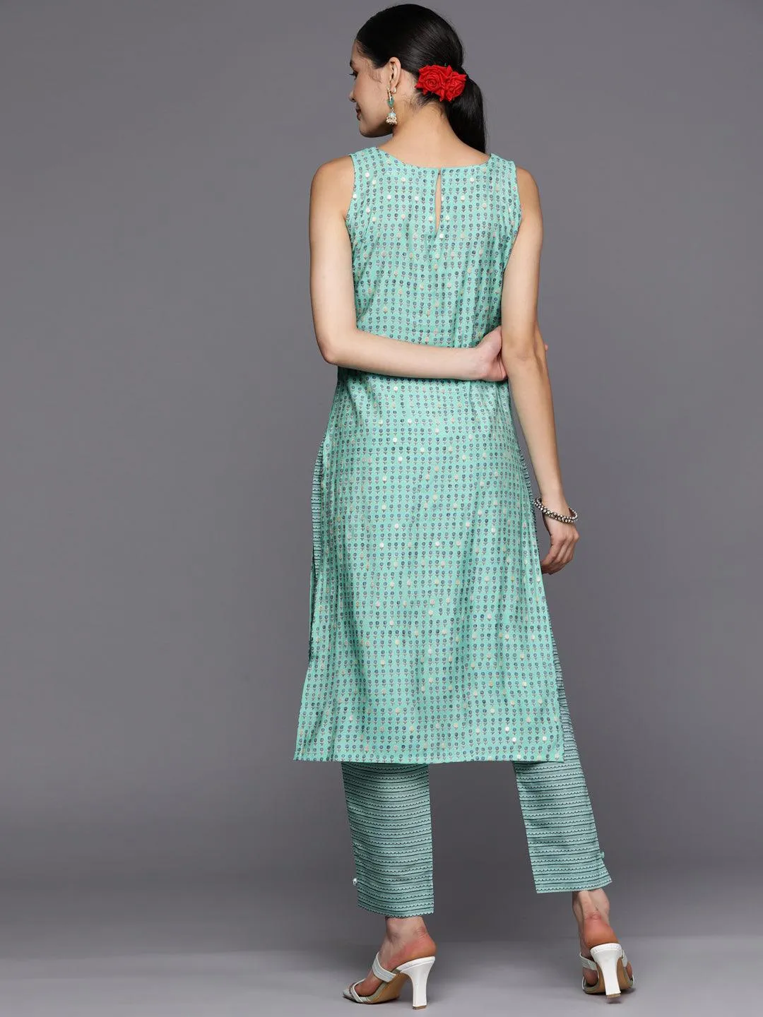 Blue Printed Silk Blend Straight Kurta With Trousers