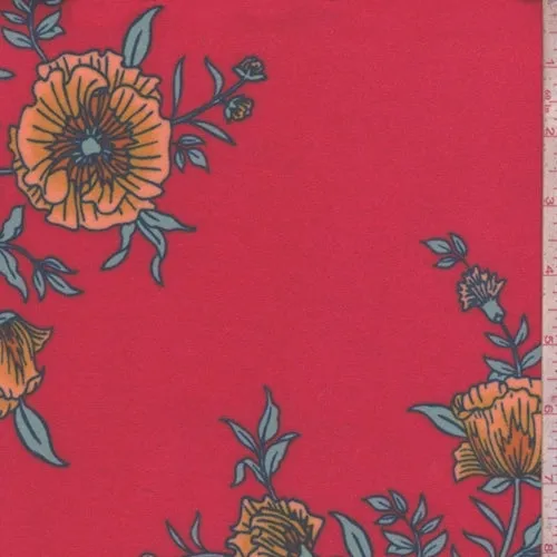 Bright Red Cosmo Floral Double Brushed Jersey Knit Fabric