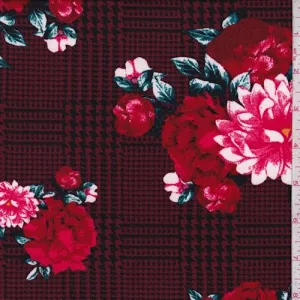 Burgundy/Red Glen Plaid Floral Double Brushed Jersey Knit Fabric