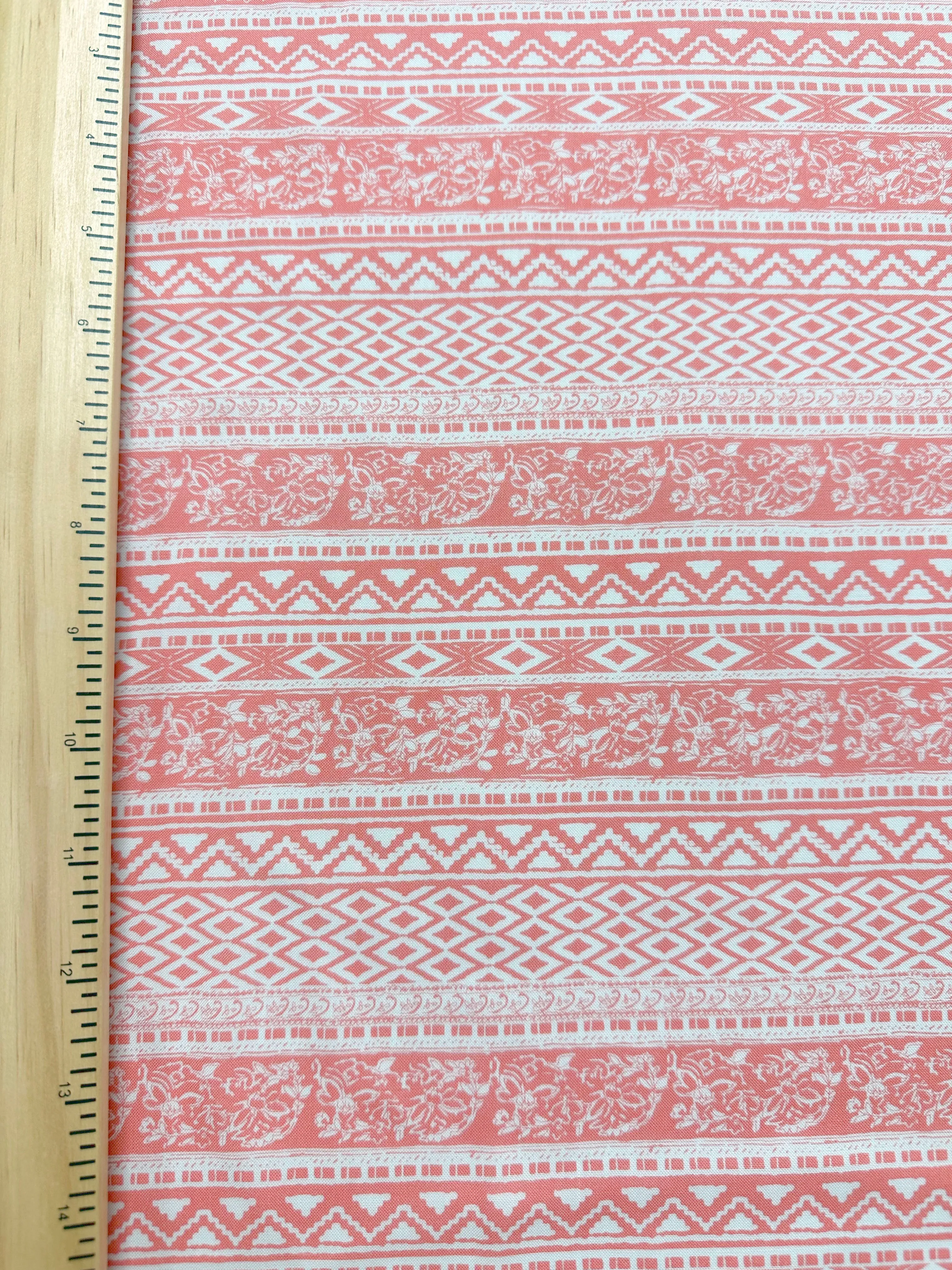 Coral and White Multi Stripe Print Rayon Challis Fabric