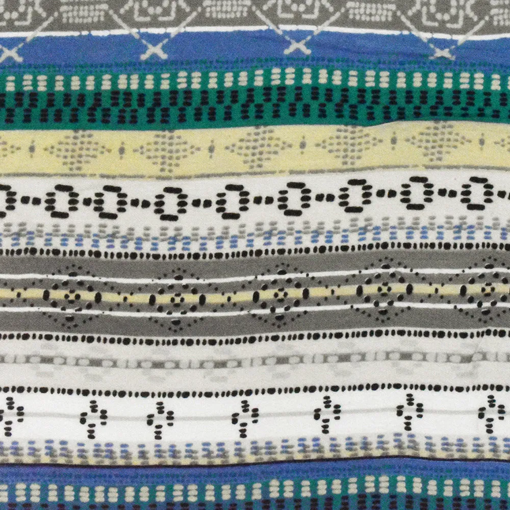 Deep Turquoise-Gray-Multi Tribal Stripe Printed Gauze Fabric