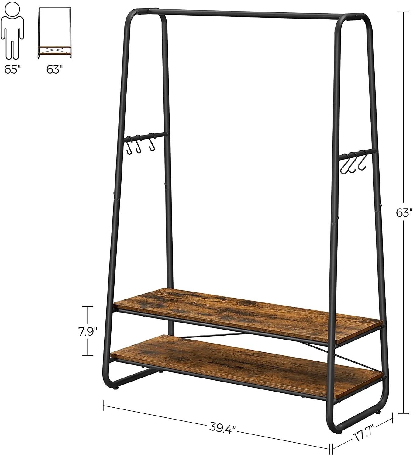 Heavy-Duty Clothes Rack, Garment Clothing Rack with 2 Shelves and 6 S Hooks for Bedroom