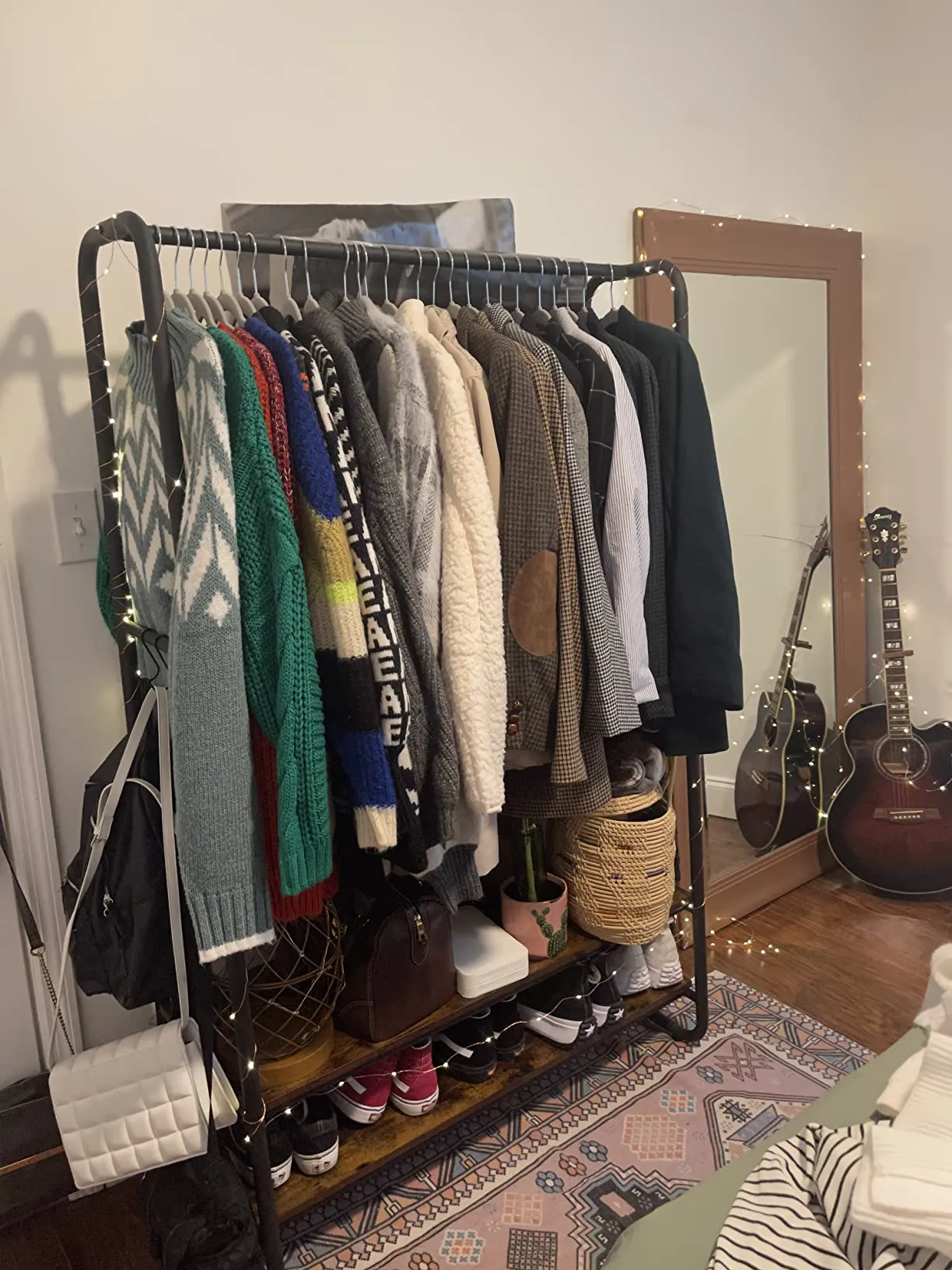 Heavy-Duty Clothes Rack, Garment Clothing Rack with 2 Shelves and 6 S Hooks for Bedroom