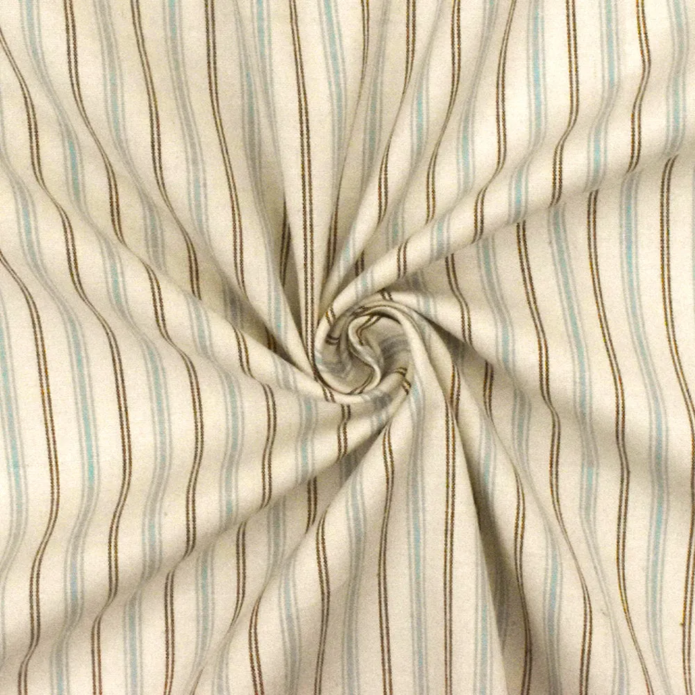 Ivory-Brown-Blue Stripe Stretch Cotton Woven Shirting Fabric