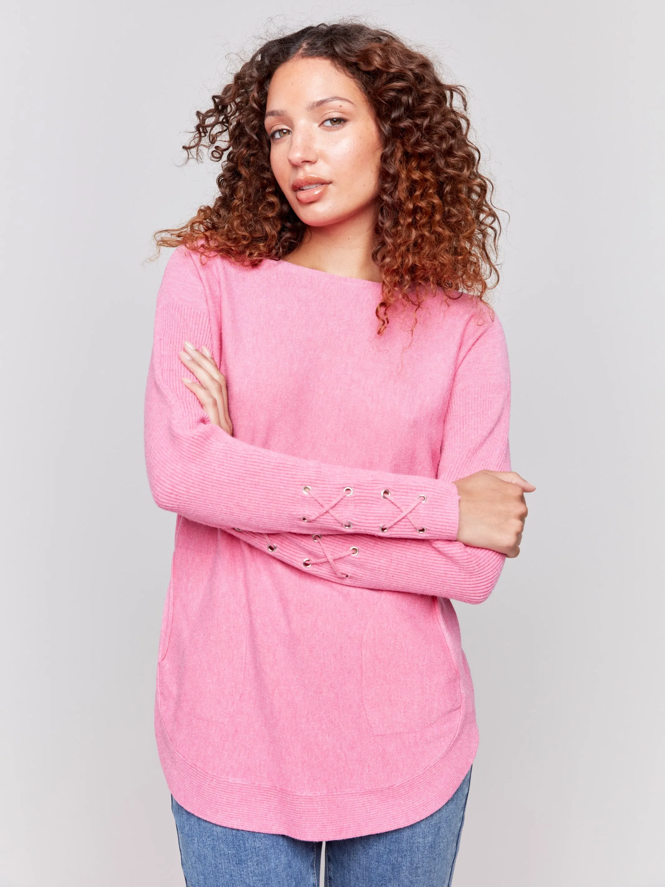 Knit Sweater with Lace-Up Cuffs - Magenta