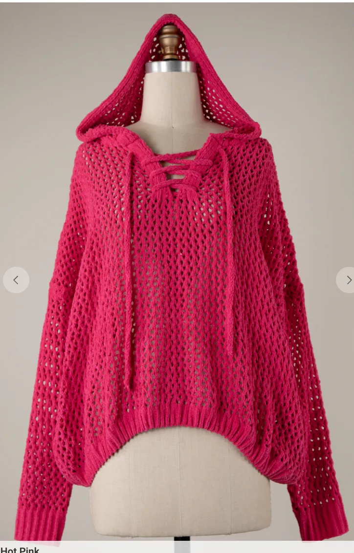 Lace Open Up Crochet Chenille Sweater Hoodie - Final Sale**