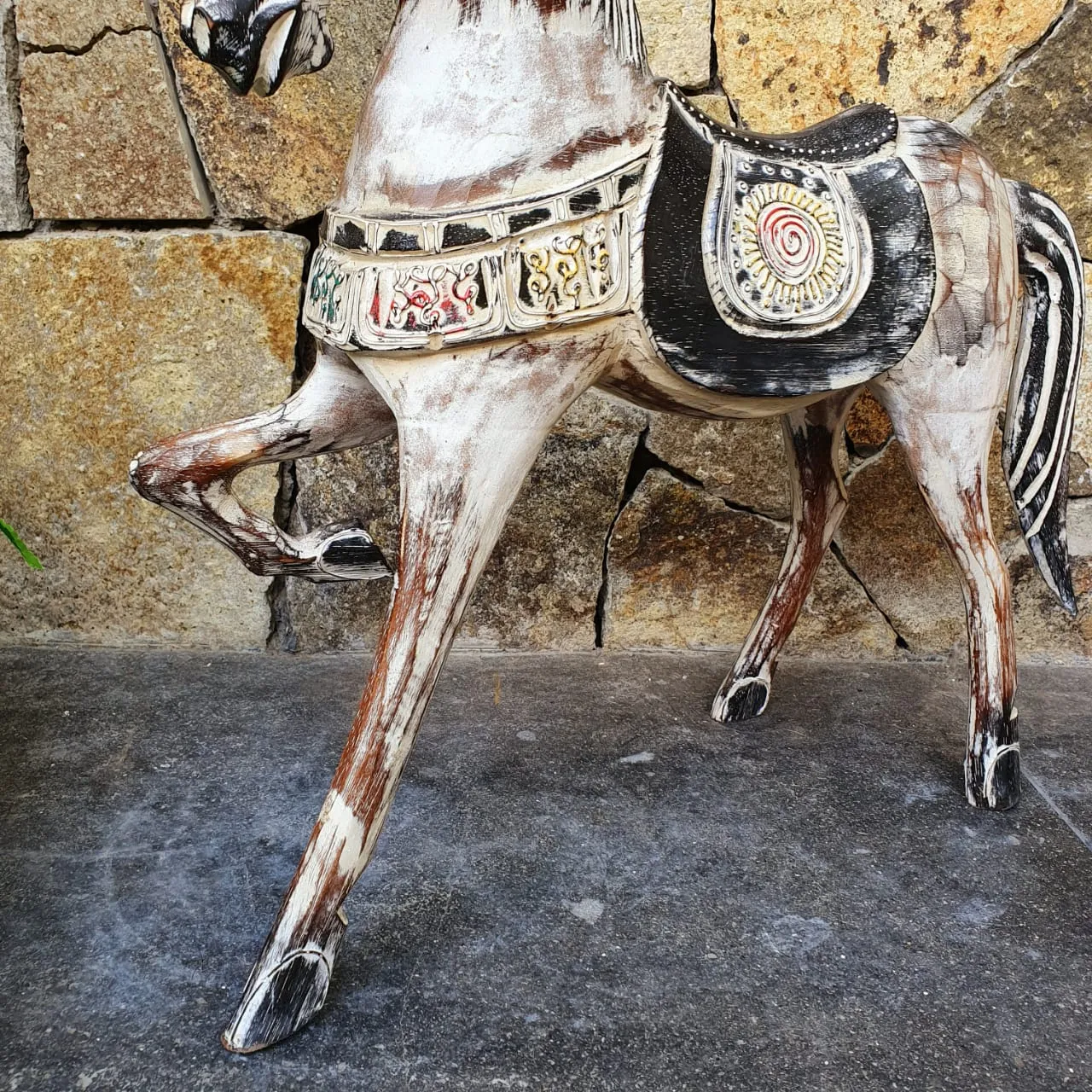 Large Antique Brown Carved Wooden Prancing Horse