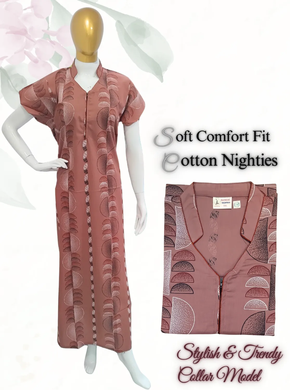 MANGAI New Regular Fit Cotton Printed  Nighties - All Over Printed Stylish COLLAR Model Nighties  | Side Cut Pocket | Beautiful Nighties for Stylish Women's (EM)