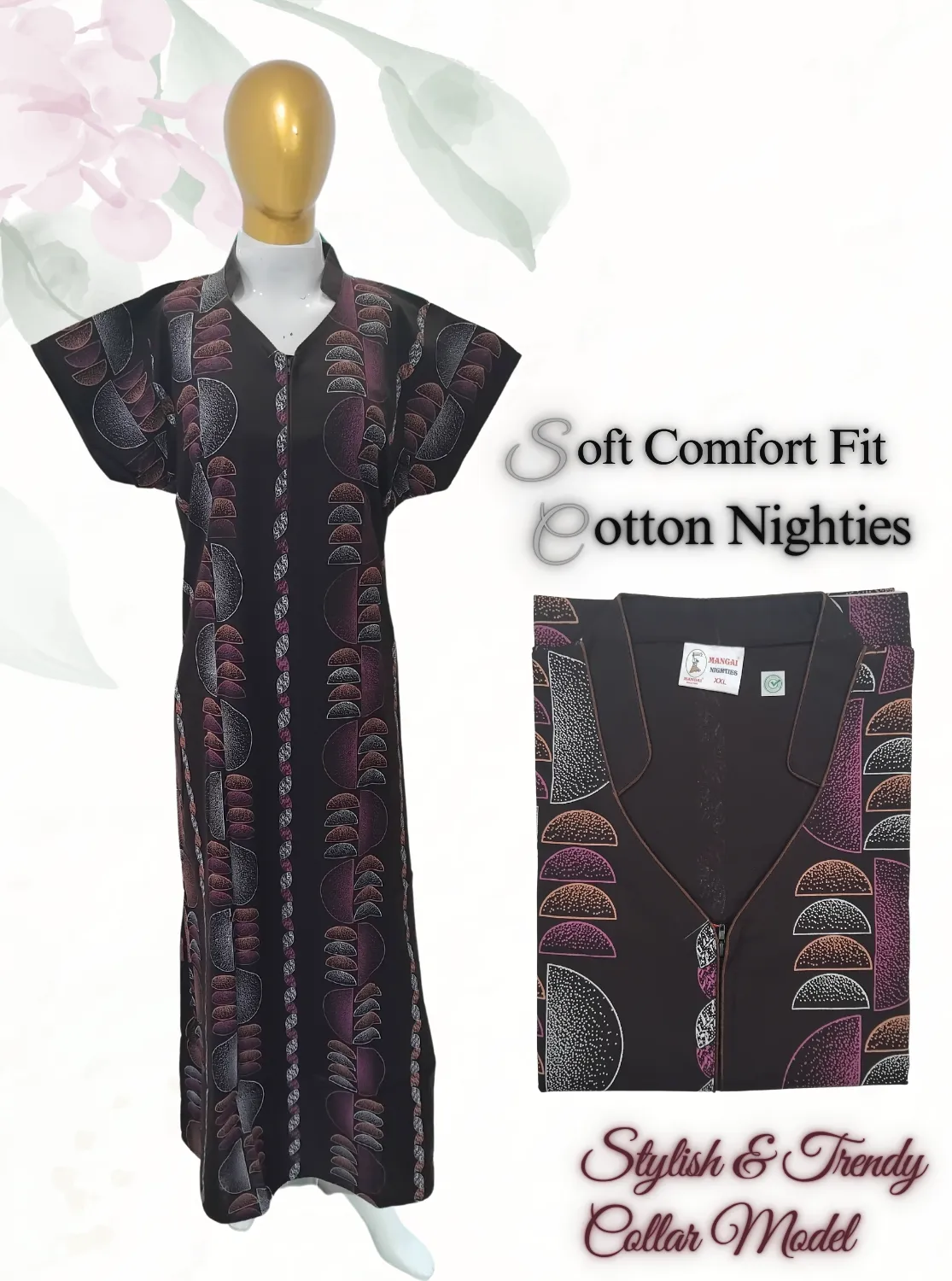 MANGAI New Regular Fit Cotton Printed  Nighties - All Over Printed Stylish COLLAR Model Nighties  | Side Cut Pocket | Beautiful Nighties for Stylish Women's (EM)