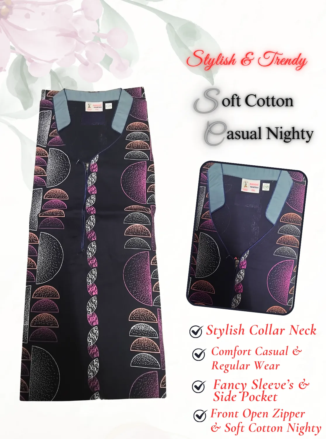 MANGAI New Regular Fit Cotton Printed  Nighties - All Over Printed Stylish COLLAR Model Nighties  | Side Cut Pocket | Beautiful Nighties for Stylish Women's (EM)