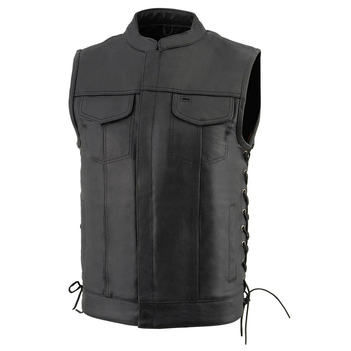 Milwaukee Leather LKM3712 Men's Black Leather Club Style Motorcycle Rider Vest w/ Front Snap/Zipper and Side Lace