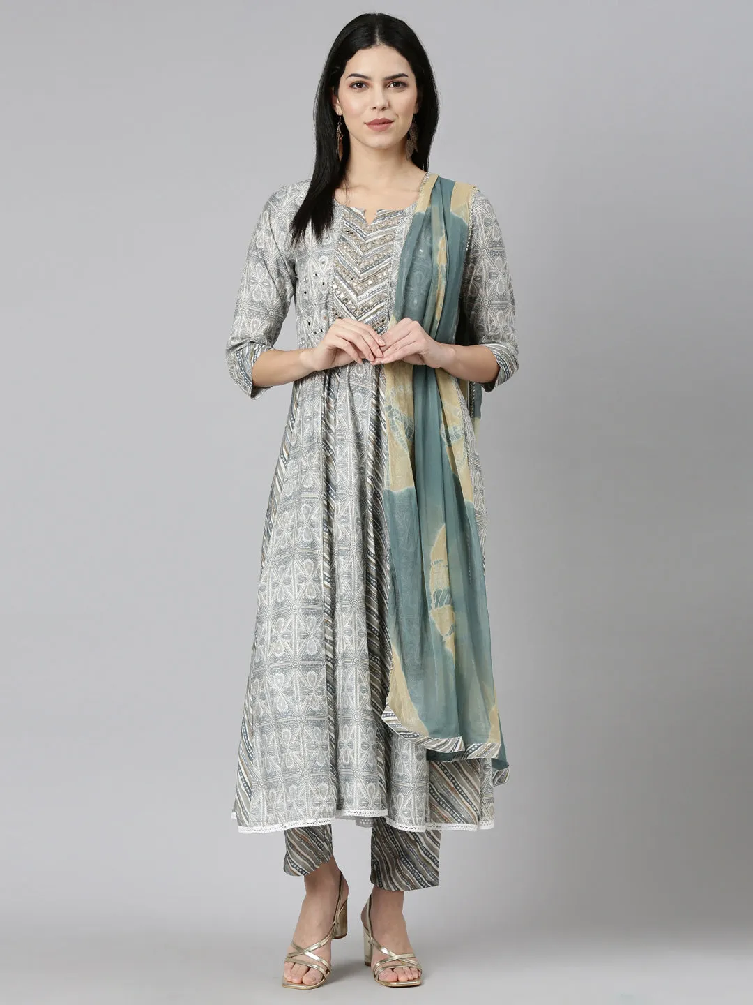 Neeru's Blue Regular Straight Printed Readymade suits