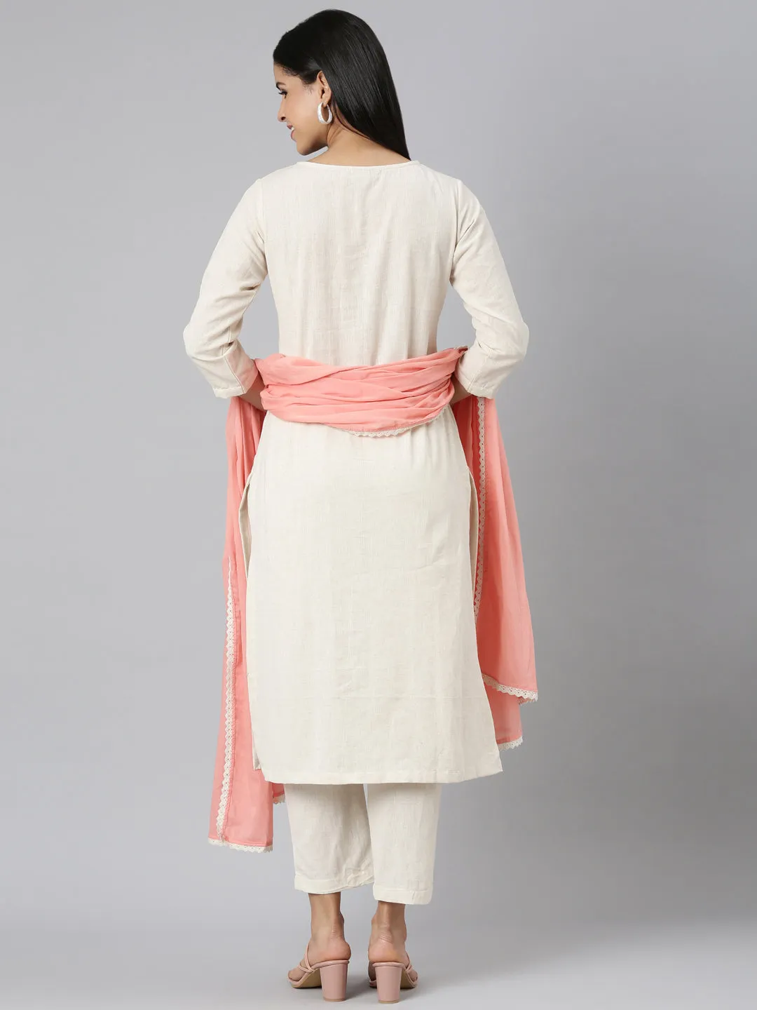 Neerus Off White Regular Straight Solid Kurta and Trousers With Dupatta