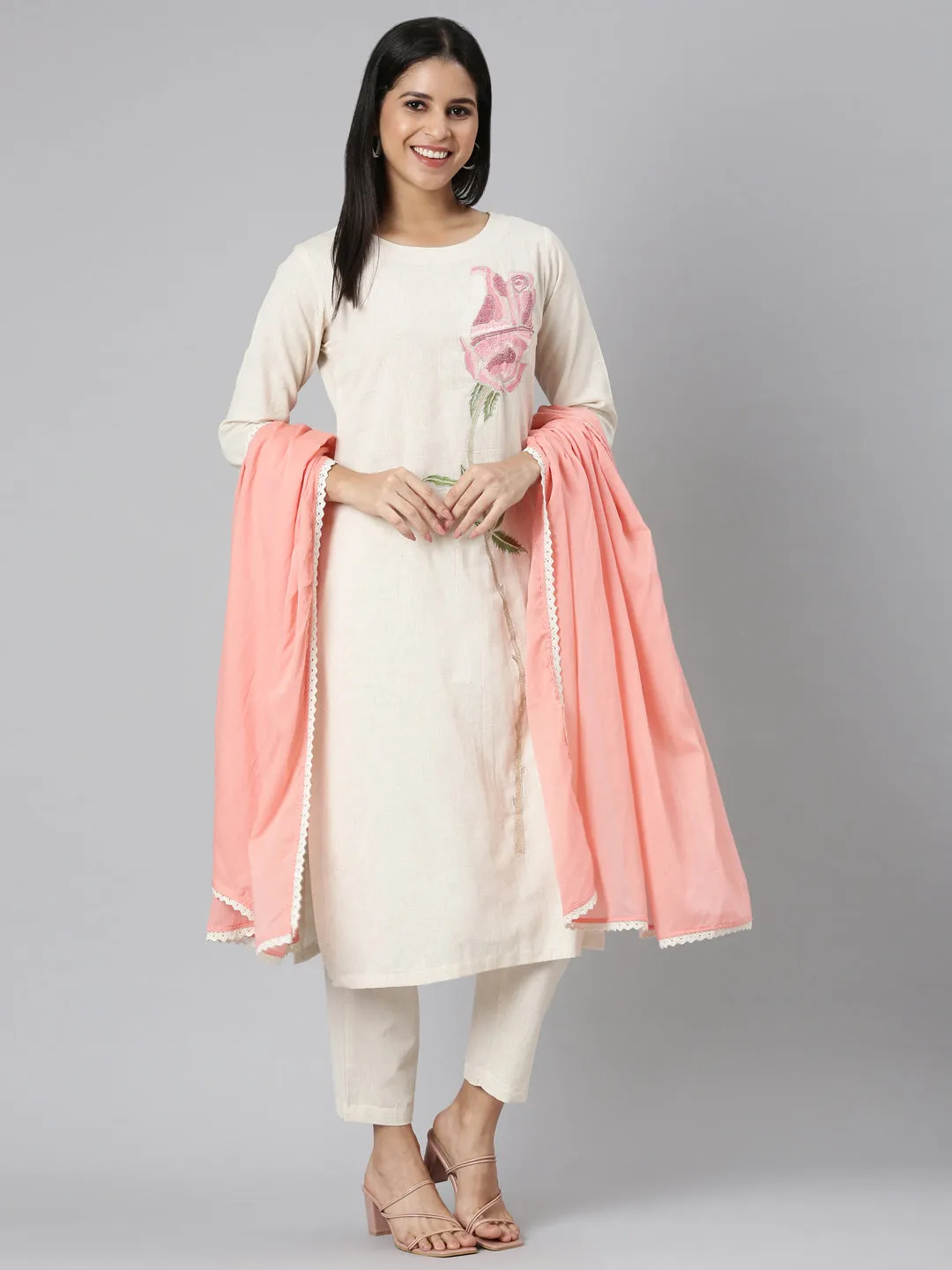 Neerus Off White Regular Straight Solid Kurta and Trousers With Dupatta