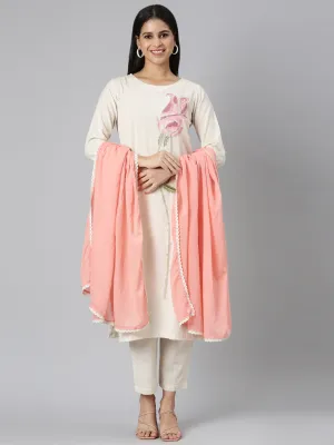 Neerus Off White Regular Straight Solid Kurta and Trousers With Dupatta