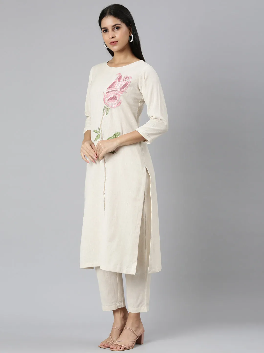 Neerus Off White Regular Straight Solid Kurta and Trousers With Dupatta