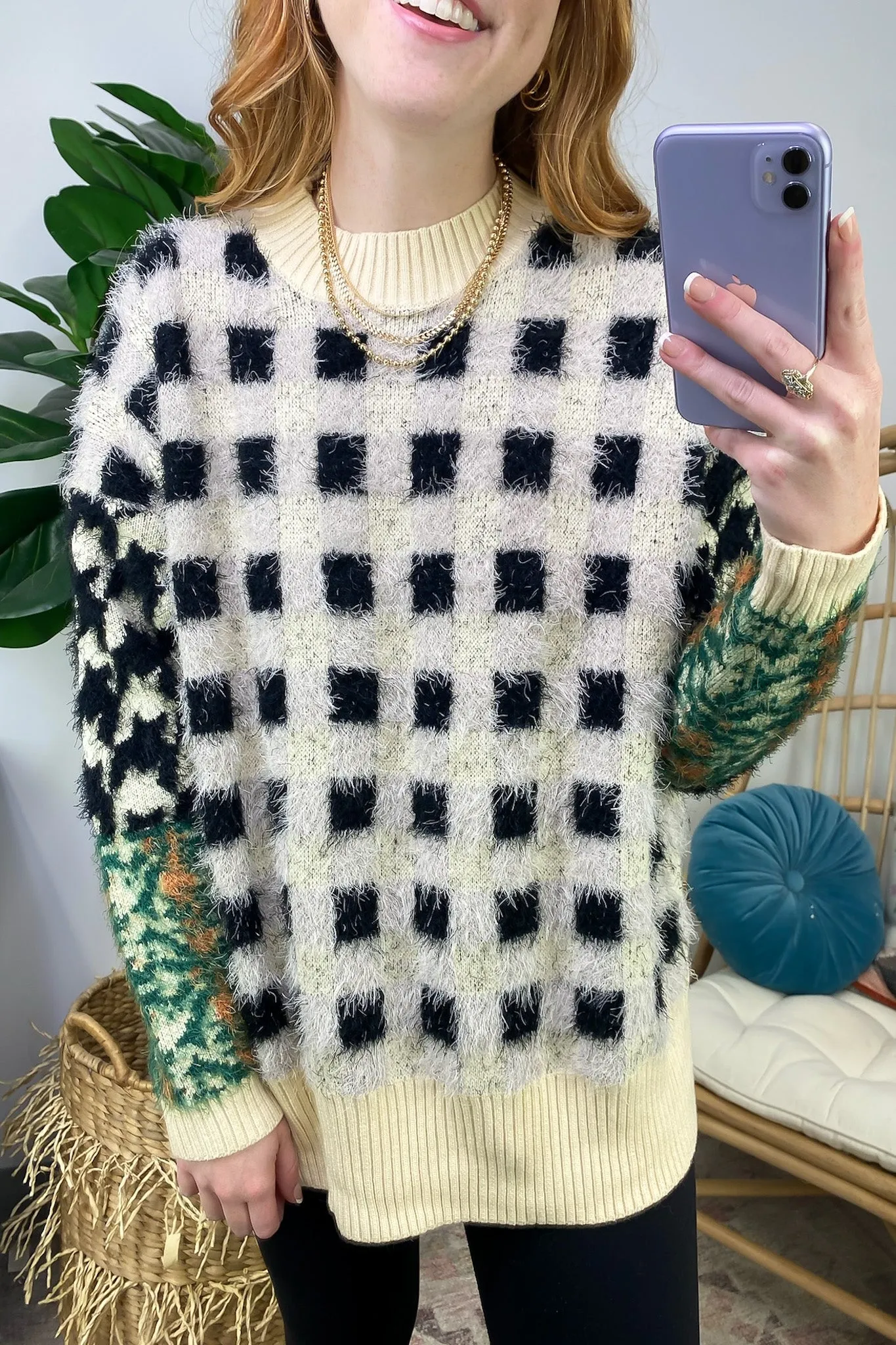 Plush Personality Fuzzy Knit Plaid Sweater - FINAL SALE