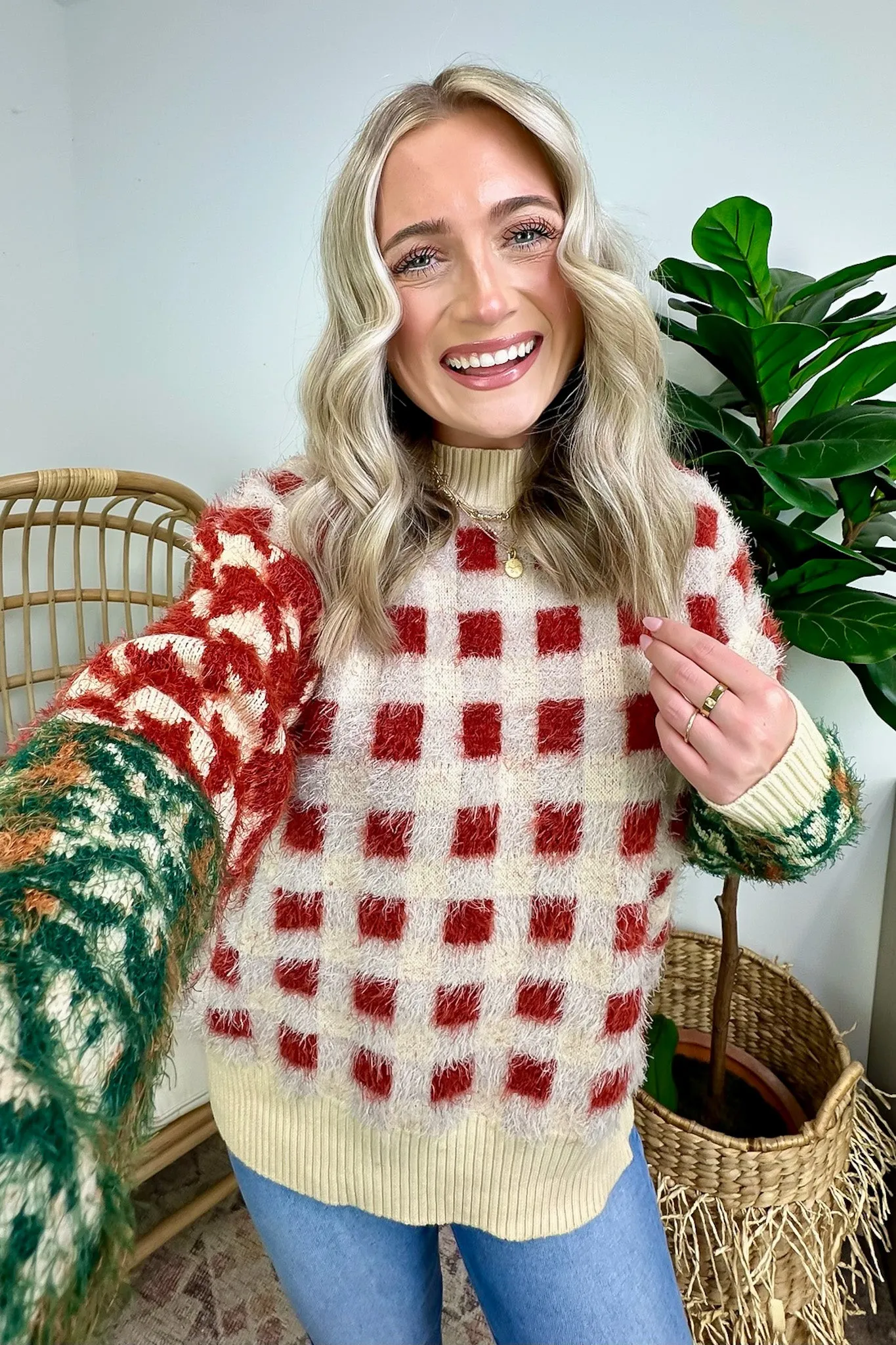 Plush Personality Fuzzy Knit Plaid Sweater - FINAL SALE