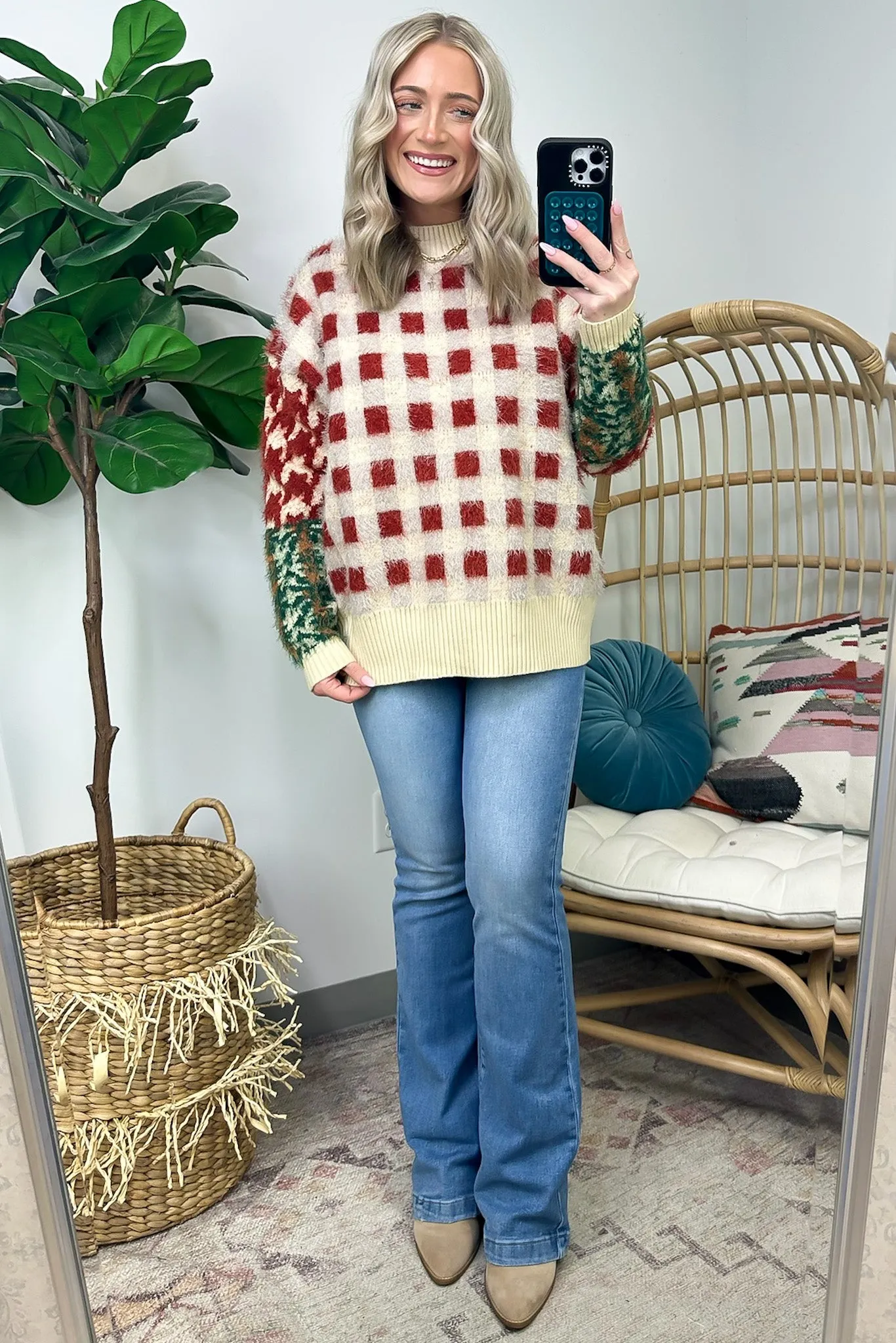 Plush Personality Fuzzy Knit Plaid Sweater - FINAL SALE