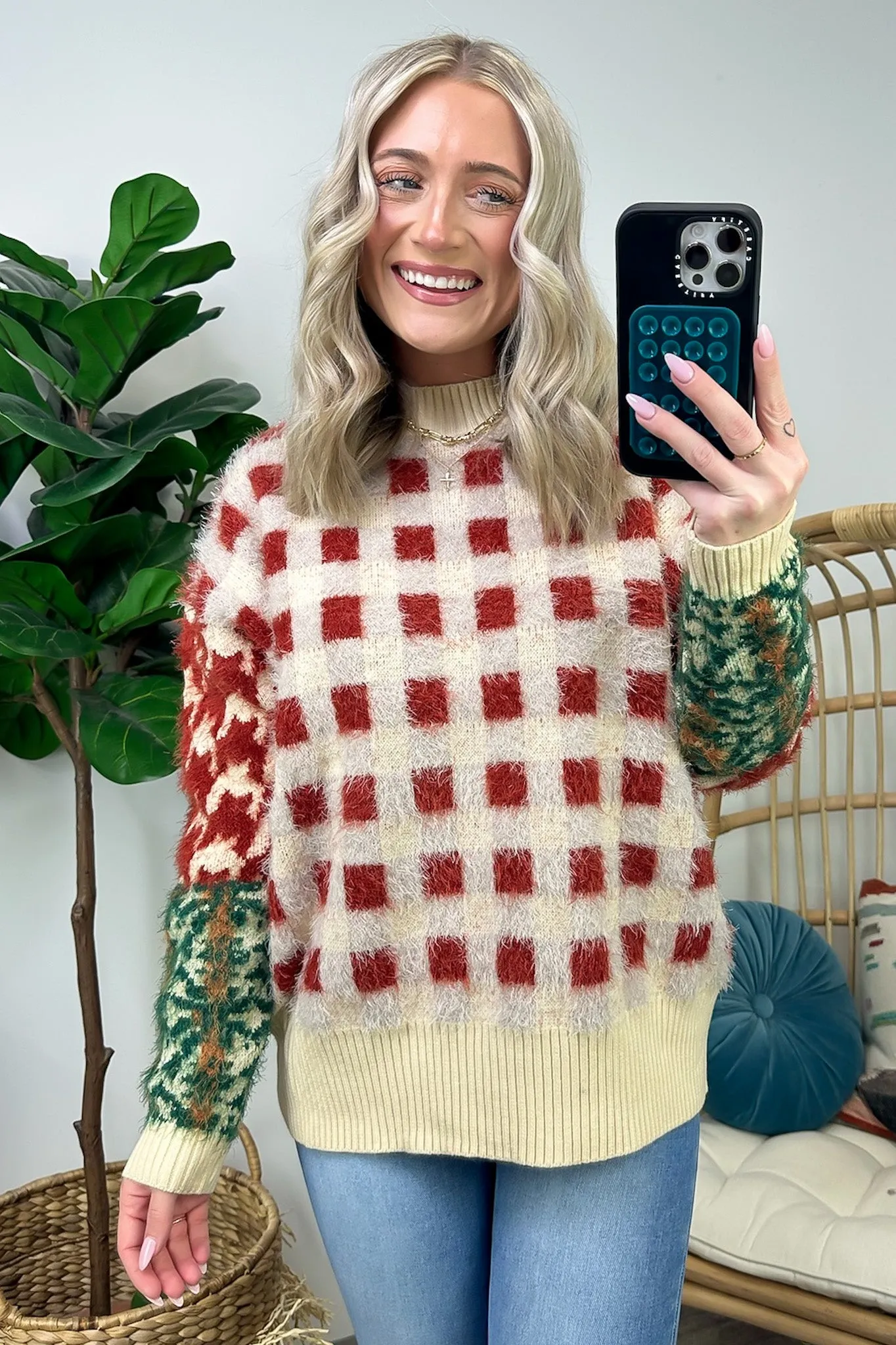 Plush Personality Fuzzy Knit Plaid Sweater - FINAL SALE