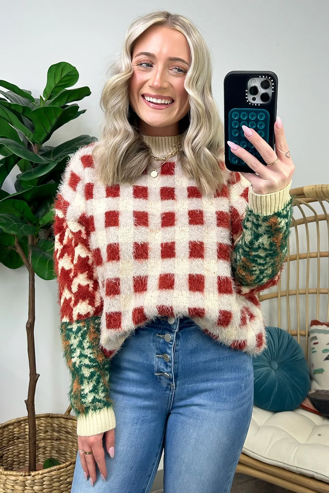 Plush Personality Fuzzy Knit Plaid Sweater - FINAL SALE