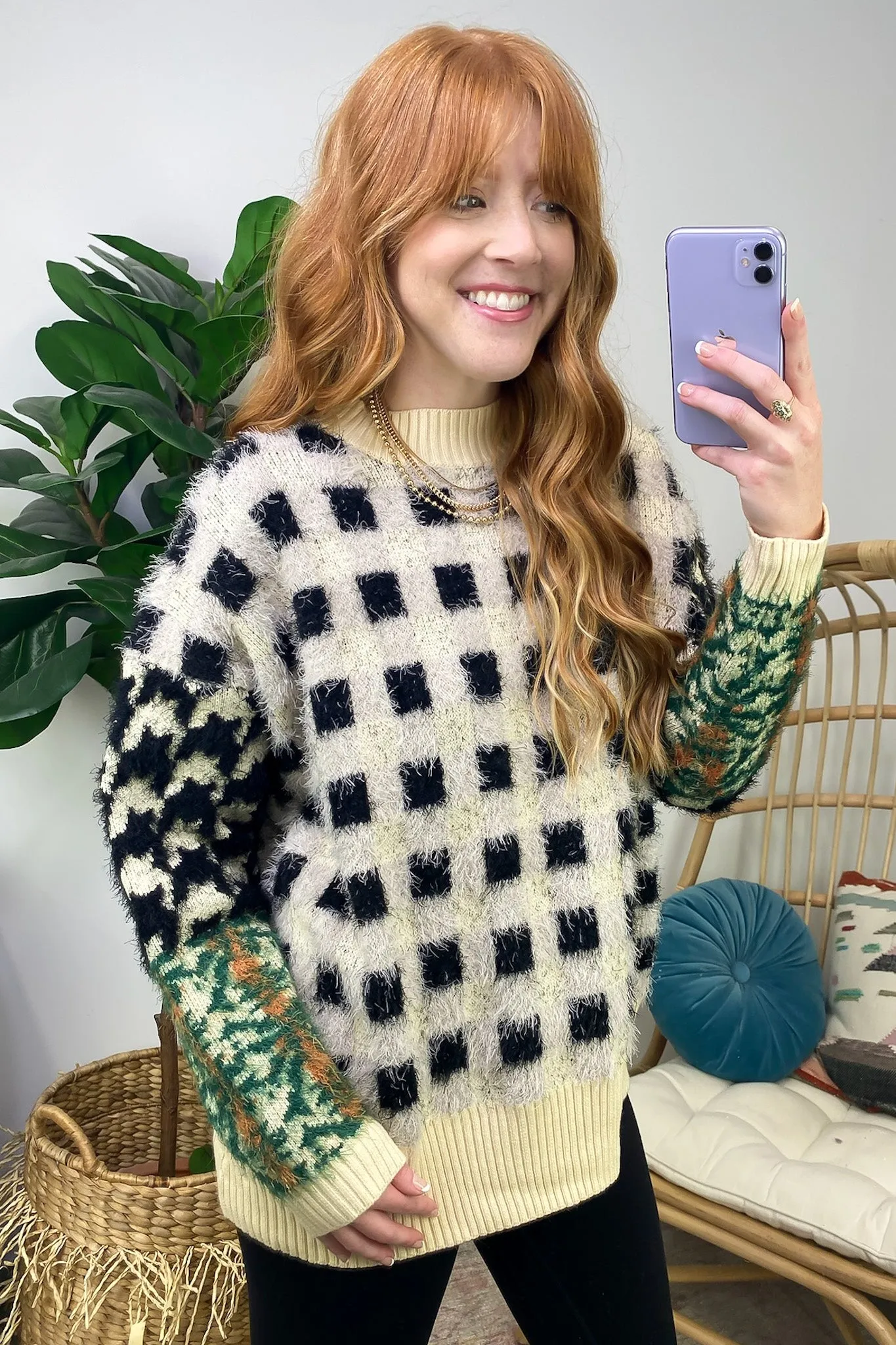 Plush Personality Fuzzy Knit Plaid Sweater - FINAL SALE