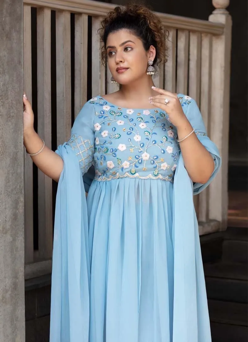 Sky Blue Color Georgette Fabric Thread And Zari Work Slit-Cut Salwar Suit