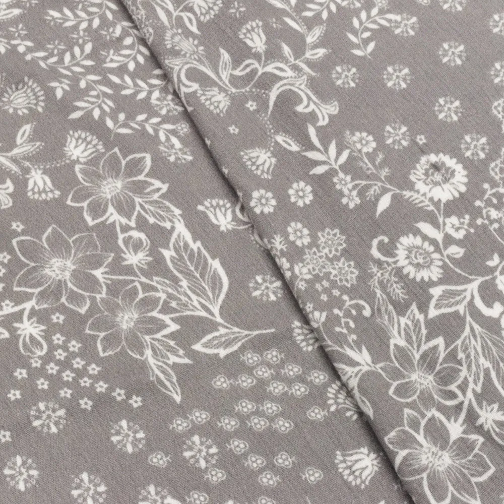 Space Gray-White Floral Printed Rayon Crepon Woven Fabric