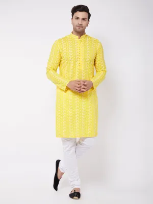 Vastramay Men's Mustard Chikankari Kurta Pyjama