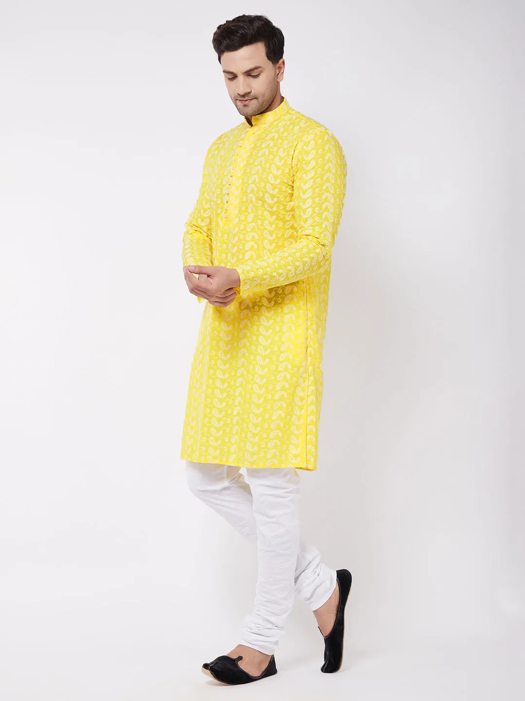 Vastramay Men's Mustard Chikankari Kurta Pyjama