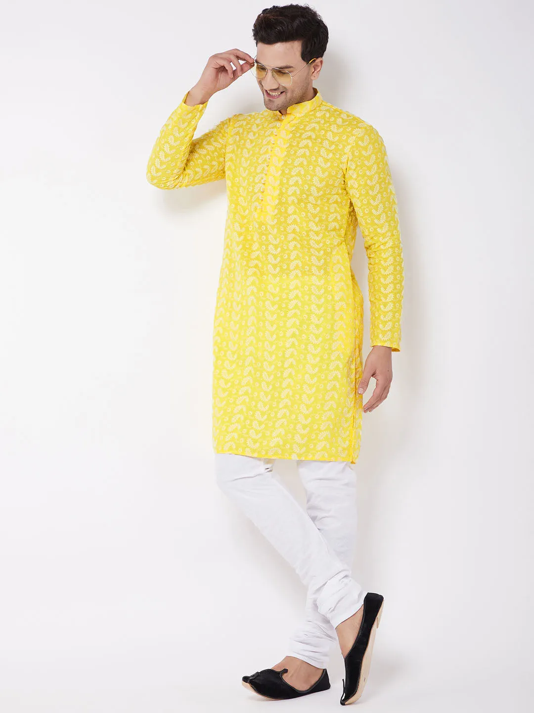 Vastramay Men's Mustard Chikankari Kurta Pyjama