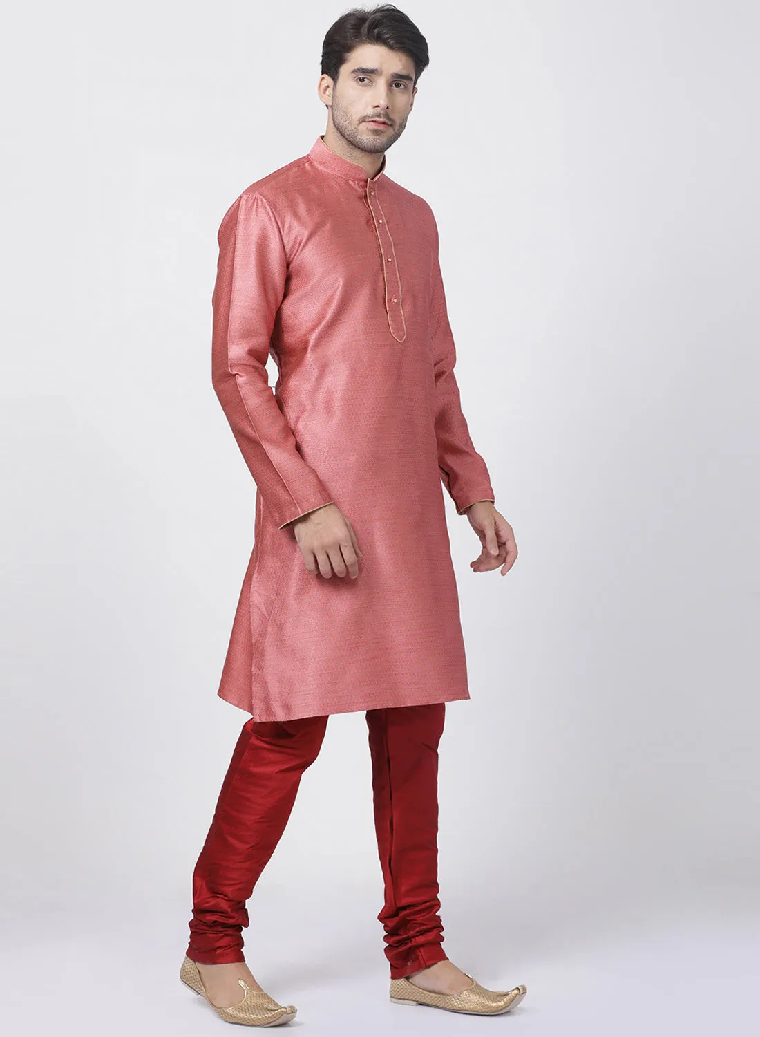 VASTRAMAY Pink Cotton Silk Kurta Pyjama Set