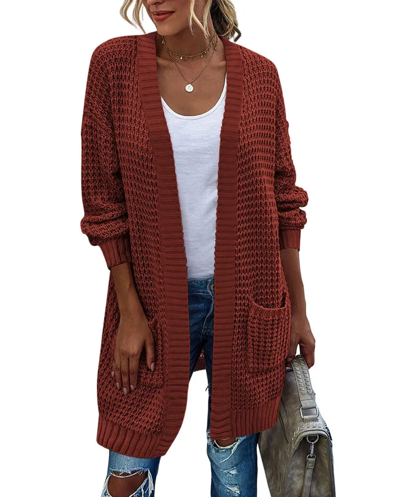 Zeagoo Women's 2023 Fall Open Front Cardigan Long Batwing Sleeve Chunky Knit Sweater Loose Outerwear Coats with Pockets